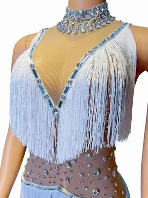 Kimshein AD2258 Crystal Water Diamond Women's Fashion Fringe Bodysuit with Tassels Polyester Spandex Figure-Hugging Suit