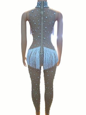 Kimshein AD2258 Crystal Water Diamond Women's Fashion Fringe Bodysuit with Tassels Polyester Spandex Figure-Hugging Suit