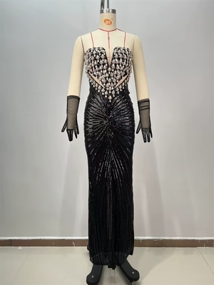 Satin Sophistication ED2724 Black Crystal Decorated Party Dress Dazzling Floor Length Evening Gown for Club and Dance