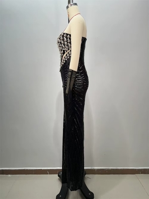 Satin Sophistication ED2724 Black Crystal Decorated Party Dress Dazzling Floor Length Evening Gown for Club and Dance