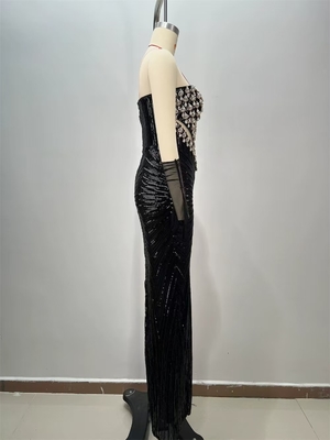 Satin Sophistication ED2724 Black Crystal Decorated Party Dress Dazzling Floor Length Evening Gown for Club and Dance