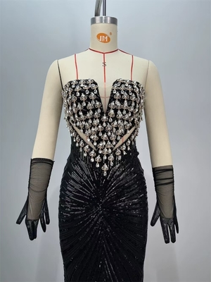 Satin Sophistication ED2724 Black Crystal Decorated Party Dress Dazzling Floor Length Evening Gown for Club and Dance