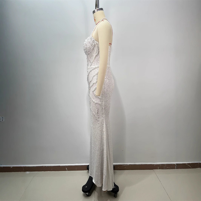 ED2727 White Backless Mermaid Dance Party Dress with Classic Crystal Pearl and Minimalism Style in Polyester/Cotton Material