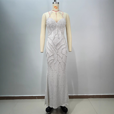 ED2727 White Backless Mermaid Dance Party Dress with Classic Crystal Pearl and Minimalism Style in Polyester/Cotton Material