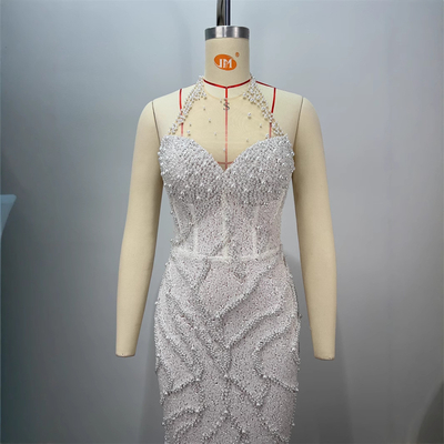 ED2727 White Backless Mermaid Dance Party Dress with Classic Crystal Pearl and Minimalism Style in Polyester/Cotton Material