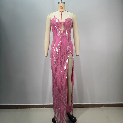 ED2728 Pink Sexy Sleeveless Sequin Maxi Dress Tight-Fitting Women's Evening Party Dress with High Slit in Polyester/Cotton