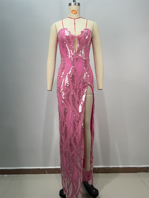 ED2728 Pink Sexy Sleeveless Sequin Maxi Dress Tight-Fitting Women's Evening Party Dress with High Slit in Polyester/Cotton