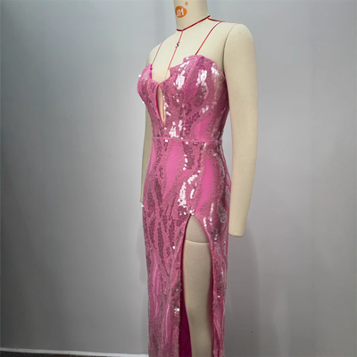 ED2728 Pink Sexy Sleeveless Sequin Maxi Dress Tight-Fitting Women's Evening Party Dress with High Slit in Polyester/Cotton