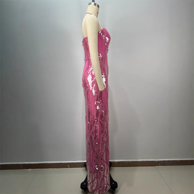 ED2728 Pink Sexy Sleeveless Sequin Maxi Dress Tight-Fitting Women's Evening Party Dress with High Slit in Polyester/Cotton