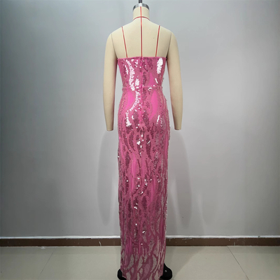 ED2728 Pink Sexy Sleeveless Sequin Maxi Dress Tight-Fitting Women's Evening Party Dress with High Slit in Polyester/Cotton