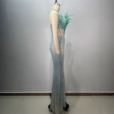 Sleeveless Polyester Material ED2729 Designer Evening Dress with Feather Accents and Sparkling Details