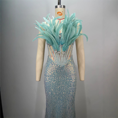 Sleeveless Polyester Material ED2729 Designer Evening Dress with Feather Accents and Sparkling Details