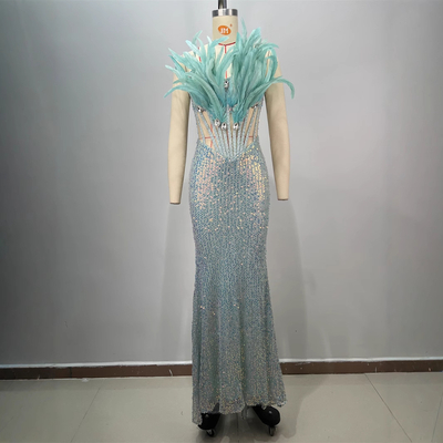 Sleeveless Polyester Material ED2729 Designer Evening Dress with Feather Accents and Sparkling Details