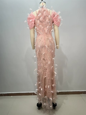 ED2725 Pink Exquisite Feather Evening Dress with Needle Detection Technology end Pearl Sequin Dress Now