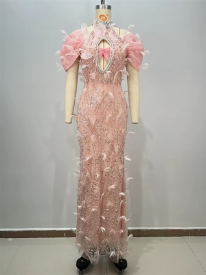 ED2725 Pink Exquisite Feather Evening Dress with Needle Detection Technology end Pearl Sequin Dress Now