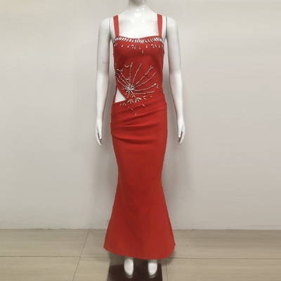 SB3390 Women's Elegant Red Diamond Dress Formal and Sexy Long Bandage Crystal Dress with Hollow Out Design