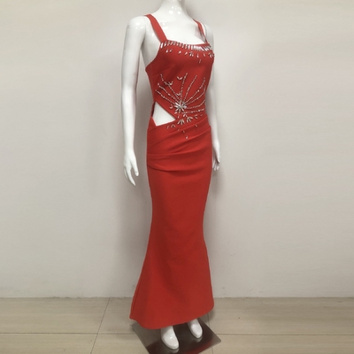 SB3390 Women's Elegant Red Diamond Dress Formal and Sexy Long Bandage Crystal Dress with Hollow Out Design