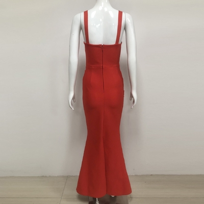 SB3390 Women's Elegant Red Diamond Dress Formal and Sexy Long Bandage Crystal Dress with Hollow Out Design