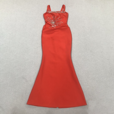 SB3390 Women's Elegant Red Diamond Dress Formal and Sexy Long Bandage Crystal Dress with Hollow Out Design