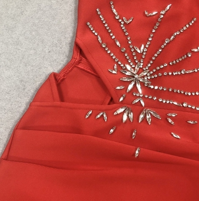 SB3390 Women's Elegant Red Diamond Dress Formal and Sexy Long Bandage Crystal Dress with Hollow Out Design
