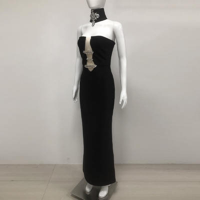SB3383 Black Bandage Strapless Bodycon Crystal Luxury end Maxi Dress with Built-in Bra and Needle Detector Technology