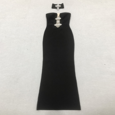 SB3383 Black Bandage Strapless Bodycon Crystal Luxury end Maxi Dress with Built-in Bra and Needle Detector Technology