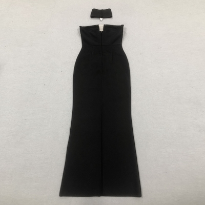 SB3383 Black Bandage Strapless Bodycon Crystal Luxury end Maxi Dress with Built-in Bra and Needle Detector Technology