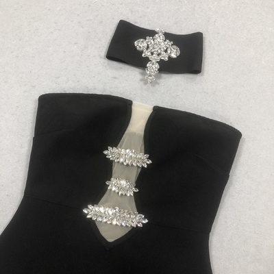 SB3383 Black Bandage Strapless Bodycon Crystal Luxury end Maxi Dress with Built-in Bra and Needle Detector Technology