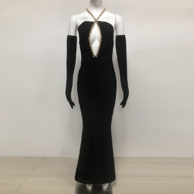 Nightclub Ready Natural Waistline Black Tight Dress with Sexy Hollow Out Backless Strapless Design and Nightclub Chain