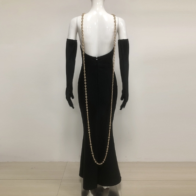 Nightclub Ready Natural Waistline Black Tight Dress with Sexy Hollow Out Backless Strapless Design and Nightclub Chain
