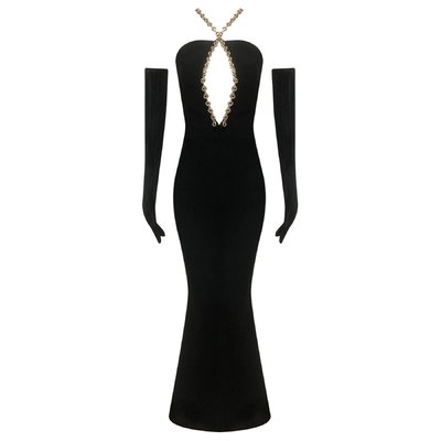 Nightclub Ready Natural Waistline Black Tight Dress with Sexy Hollow Out Backless Strapless Design and Nightclub Chain