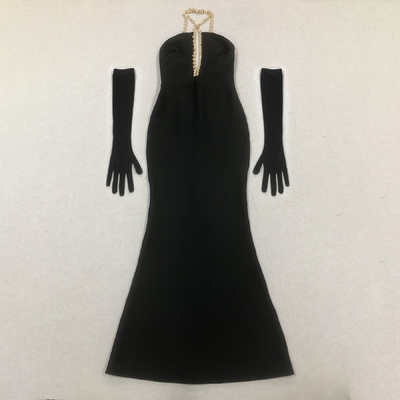 Nightclub Ready Natural Waistline Black Tight Dress with Sexy Hollow Out Backless Strapless Design and Nightclub Chain