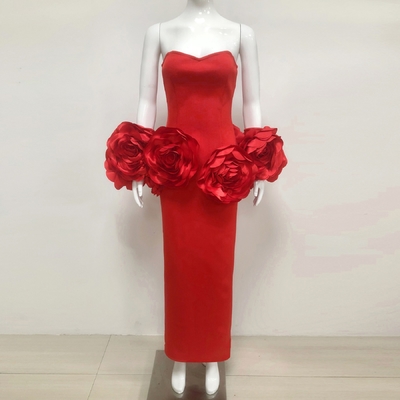 Bandage Fabric Strapless Long Dress Beautiful Party Floral Evening Gown with Natural Waist and Stock Availability