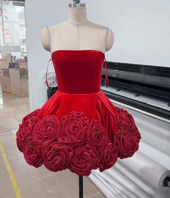 SB3396 Kimshein Women's Velvet Clothing 3D Flower Mini Dress for Birthday Customizable Logo Position No Built-in Bra