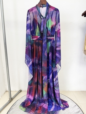 LS2639 Kimshein Purple Floral Print Long Sleeve Casual Dress with Elegant Pleated Hem Full Sleeves and None Print Method