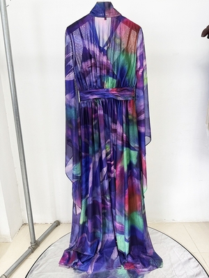 LS2639 Kimshein Purple Floral Print Long Sleeve Casual Dress with Elegant Pleated Hem Full Sleeves and None Print Method