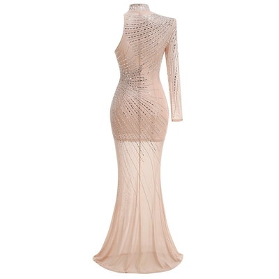 LS2636 Club Party Solid Dress Sexy Glitter Nude Mesh Rhinestone Bodycon Dress with Crystal Embellishment