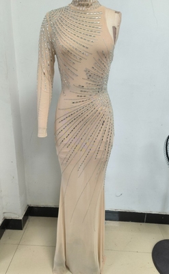 LS2636 Club Party Solid Dress Sexy Glitter Nude Mesh Rhinestone Bodycon Dress with Crystal Embellishment