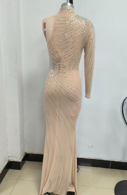 LS2636 Club Party Solid Dress Sexy Glitter Nude Mesh Rhinestone Bodycon Dress with Crystal Embellishment