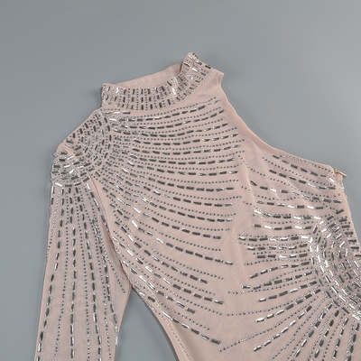 LS2636 Club Party Solid Dress Sexy Glitter Nude Mesh Rhinestone Bodycon Dress with Crystal Embellishment