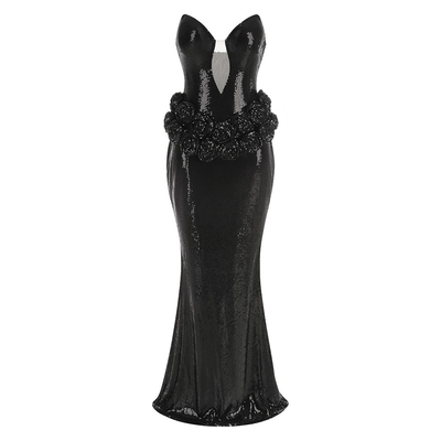 Natural Waistline Sexy Off-Shoulder Sequin Pleated Maxi Dress for Women 3D Floral Slim Fit Black Evening Gown