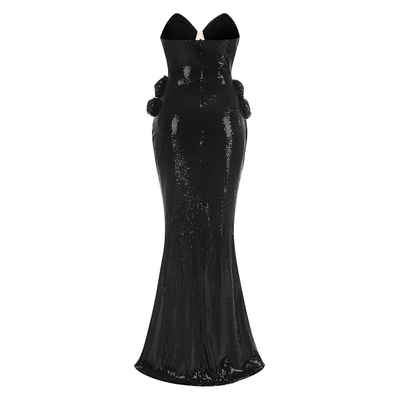 Natural Waistline Sexy Off-Shoulder Sequin Pleated Maxi Dress for Women 3D Floral Slim Fit Black Evening Gown