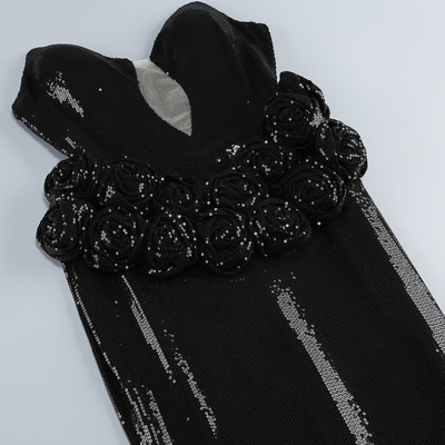 Natural Waistline Sexy Off-Shoulder Sequin Pleated Maxi Dress for Women 3D Floral Slim Fit Black Evening Gown