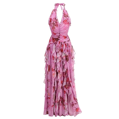 Summer Pink Ruffled Fashion Beach Skirt Backless Sleeveless Sexy Backless Maxi Printed Dress with Breathable Material