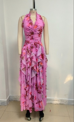 Summer Pink Ruffled Fashion Beach Skirt Backless Sleeveless Sexy Backless Maxi Printed Dress with Breathable Material