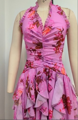 Summer Pink Ruffled Fashion Beach Skirt Backless Sleeveless Sexy Backless Maxi Printed Dress with Breathable Material