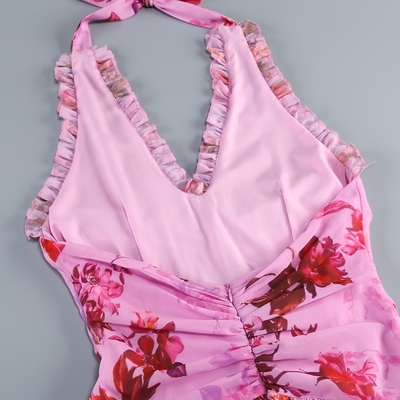Summer Pink Ruffled Fashion Beach Skirt Backless Sleeveless Sexy Backless Maxi Printed Dress with Breathable Material