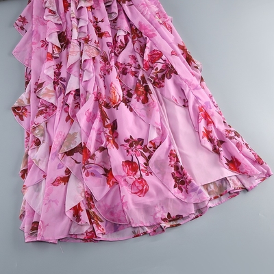 Summer Pink Ruffled Fashion Beach Skirt Backless Sleeveless Sexy Backless Maxi Printed Dress with Breathable Material
