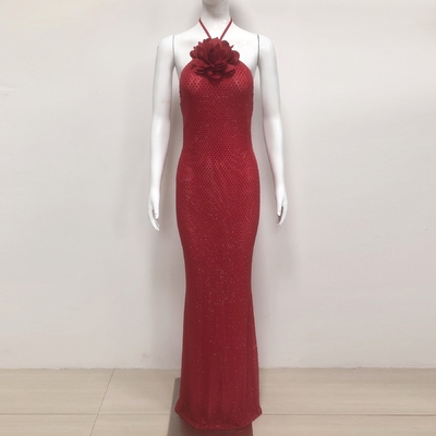 Kimshein SB3380 Red Mesh Beaded Halter Dress for Adults Luxurious Women's Party Slim Fit Floral Bodycon Dress Knee Length