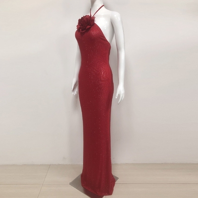 Kimshein SB3380 Red Mesh Beaded Halter Dress for Adults Luxurious Women's Party Slim Fit Floral Bodycon Dress Knee Length